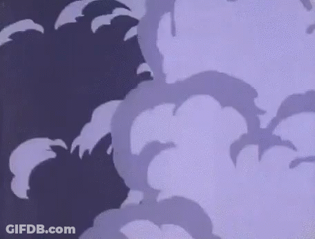 A Cartoon Character With A Green Hat And Glasses Is Peeking Out Of A Purple Cloud . GIF