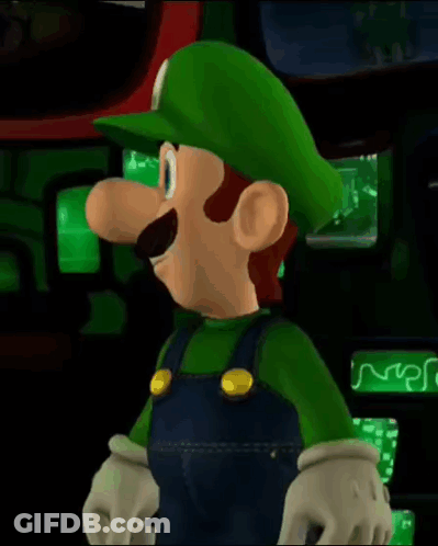 A Cartoon Character With A Green Hat And Overalls Has A Letter L On His Hat GIF