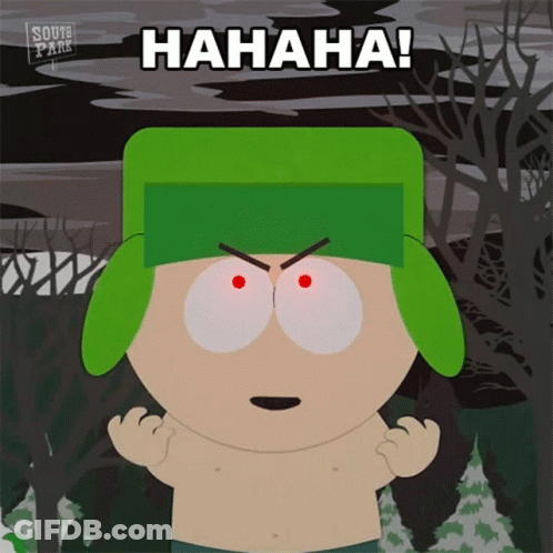 A Cartoon Character With A Green Hat And Red Eyes Says Hahaha GIF