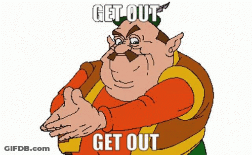 A Cartoon Character With A Green Hat And The Words Get Out Get Out GIF