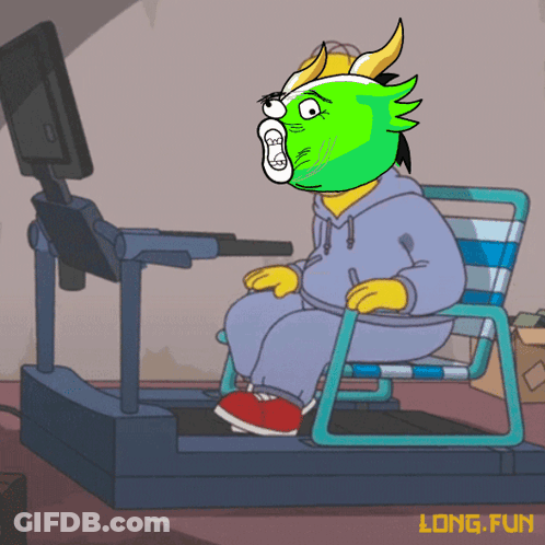 A Cartoon Character With A Green Head Is Sitting On A Treadmill With Long Fun Written On The Bottom GIF