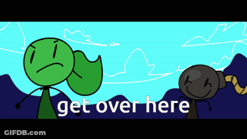 A Cartoon Character With A Green Leaf And The Words Get Over Here Below It GIF