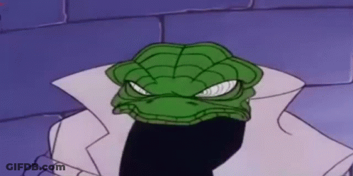 A Cartoon Character With A Green Snake Head And A White Coat Is Standing In Front Of A Brick Wall . GIF
