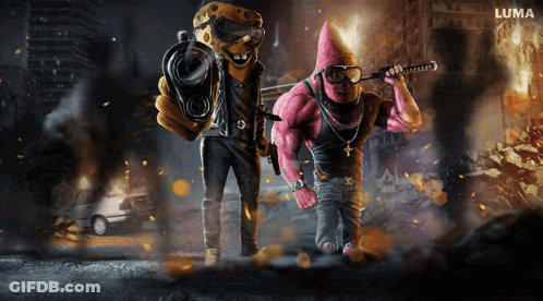A Cartoon Character With A Gun And A Sword With The Word Luma On The Bottom Right GIF