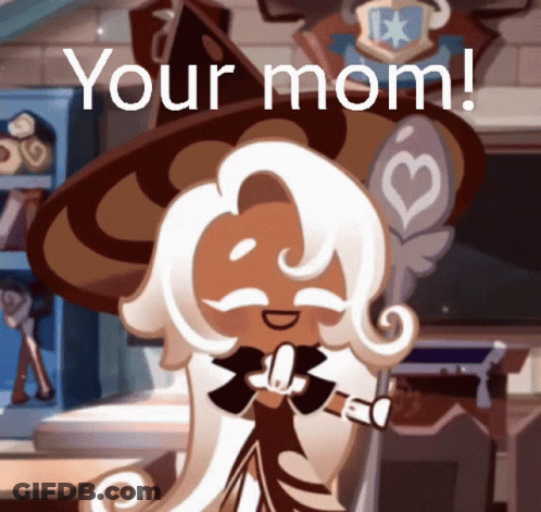 A Cartoon Character With A Hat And A Spoon Says Your Mom GIF