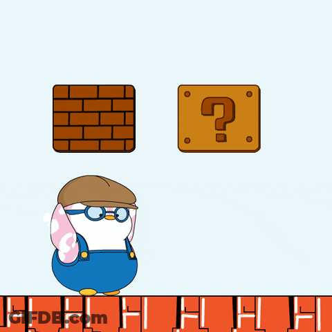 A Cartoon Character With A Hat And Glasses Is Standing In Front Of A Brick Wall And A Question Mark GIF