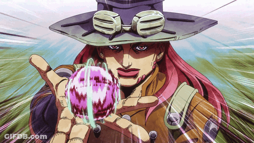A Cartoon Character With A Hat And Goggles Holds A Purple Ball In His Hand GIF