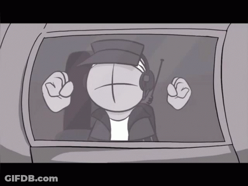 A Cartoon Character With A Hat And Headphones Looks Out Of A Window GIF