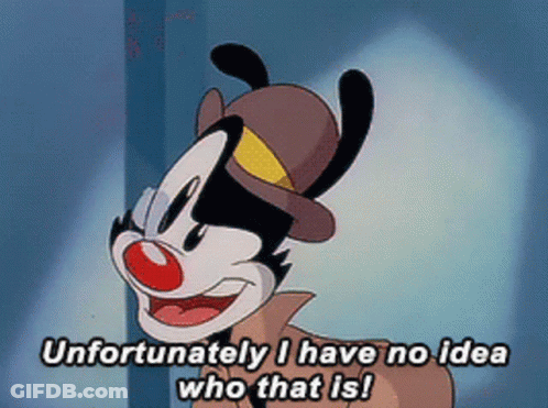 A Cartoon Character With A Hat And Red Nose Says " Unfortunately I Have No Idea Who That Is " GIF