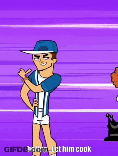 A Cartoon Character With A Hat And Shorts Says " Houp Let Him Cook " GIF