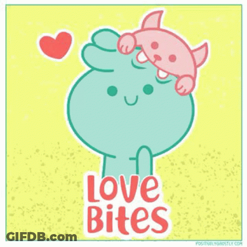 A Cartoon Character With A Heart And The Words Love Bites On The Bottom GIF