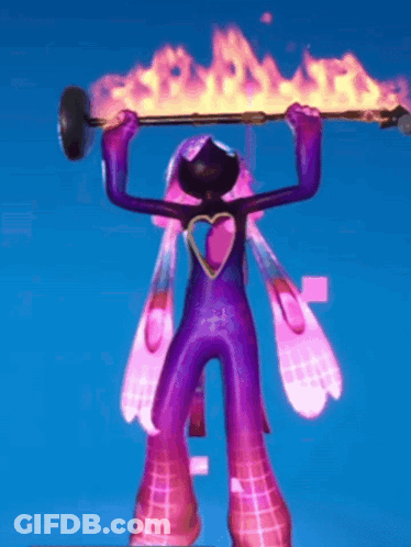 A Cartoon Character With A Heart On His Chest Is Holding A Barbell With Flames Coming Out Of It GIF
