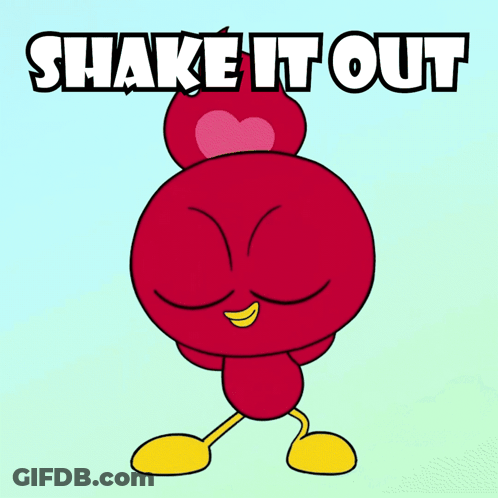 A Cartoon Character With A Heart On His Head And The Words Shake It Out Above Him GIF