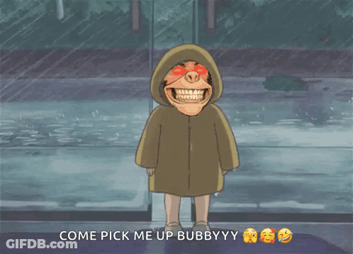 A Cartoon Character With A Hood And Red Eyes Says Come Pick Me Up Bubbyy GIF