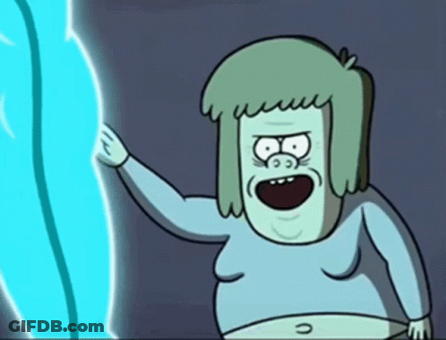 A Cartoon Character With A Huge Belly Is Standing In Front Of A Blue Object GIF