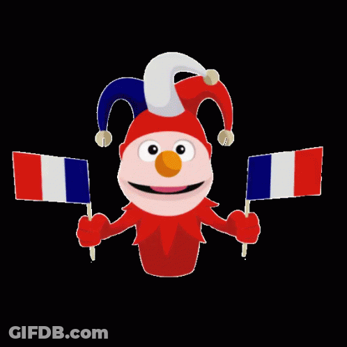 A Cartoon Character With A Jester Hat Holding Two French Flags GIF