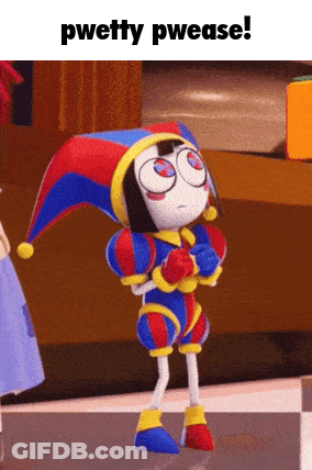 A Cartoon Character With A Jester Hat Says Pwetty Pwease On The Bottom GIF