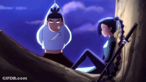 A Cartoon Character With A Knife On His Shirt Is Sitting Next To Another Character With A Sword GIF