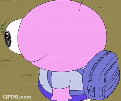 A Cartoon Character With A Large Pink Eye And A Blue Backpack GIF
