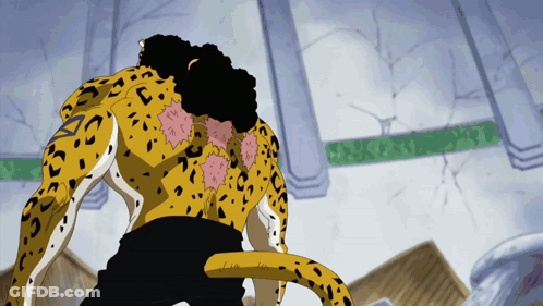 A Cartoon Character With A Leopard Print Is Standing In A Room With Columns GIF