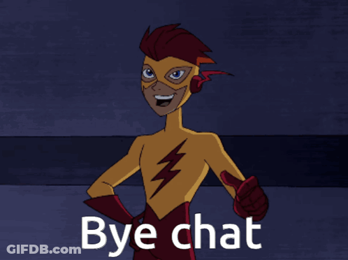 A Cartoon Character With A Lightning Bolt On His Chest And The Words Bye Chat Above Him GIF