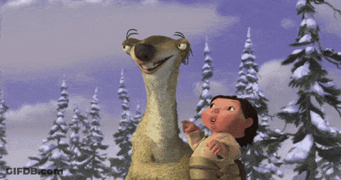 A Cartoon Character With A Long Neck Is Standing Next To A Little Girl In A Snowy Forest GIF
