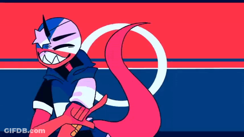 A Cartoon Character With A Long Pink Tail Is Standing In Front Of A Red , White And Blue Flag . GIF