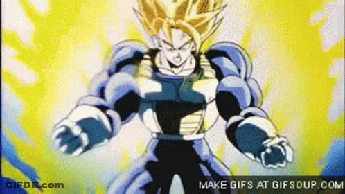 A Cartoon Character With A Lot Of Muscles Is Standing In Front Of A Cloudy Sky . GIF