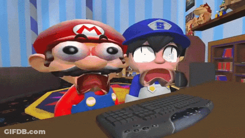 A Cartoon Character With A M On His Hat Is Looking At A Keyboard GIF
