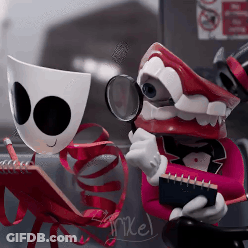 A Cartoon Character With A Magnifying Glass Is Holding A Notebook And Pencil GIF