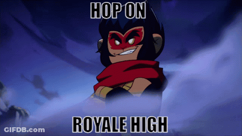 A Cartoon Character With A Mask And The Words Hop On Royale High GIF