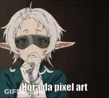 A Cartoon Character With A Mask On His Face And The Words `` Hora Da Pixel Art '' Written Below Him . GIF