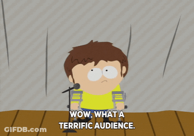 A Cartoon Character With A Microphone And The Words Wow What A Terrific Audience GIF