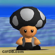 A Cartoon Character With A Mushroom On His Head Is Standing On A Beach GIF