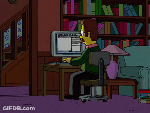 A Cartoon Character With A Mustache And Glasses Is Looking At A Computer Monitor GIF