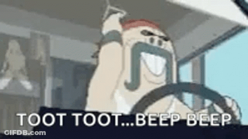 A Cartoon Character With A Mustache Is Driving A Bus And Saying `` Toot Toot Beep Beep '' . GIF