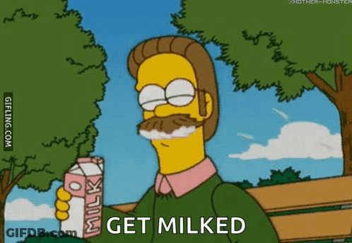 A Cartoon Character With A Mustache Is Holding A Carton Of Milk And Saying Get Milked GIF
