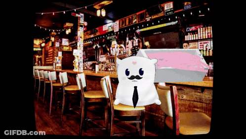 A Cartoon Character With A Mustache Is Sitting At A Bar With A Sign That Says ' Beer ' On It GIF