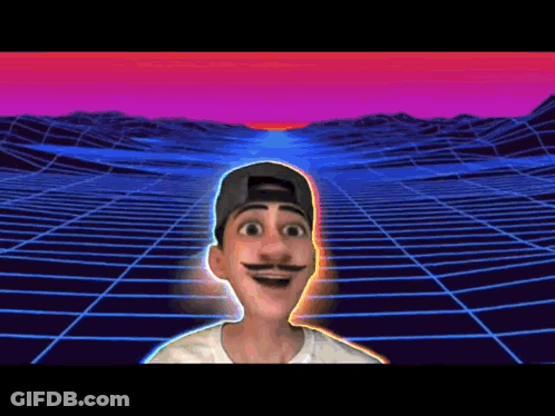A Cartoon Character With A Mustache Is Standing In Front Of A Futuristic Background . GIF