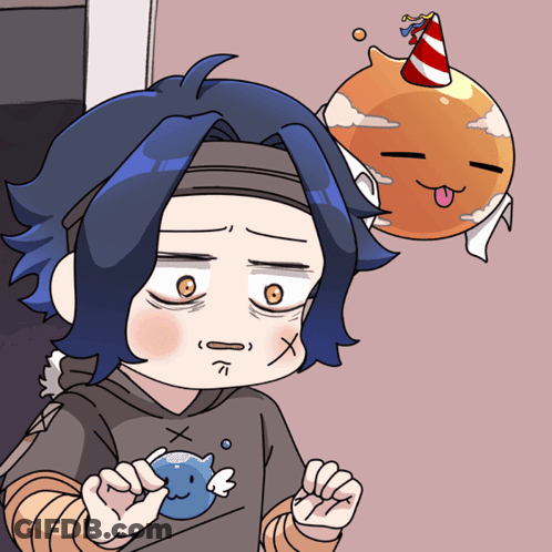 A Cartoon Character With A Party Hat On Their Head GIF