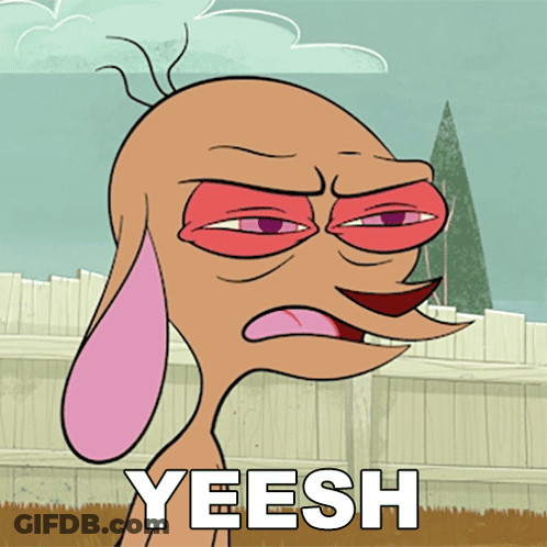 A Cartoon Character With A Pink Ear And The Words Yeesh On The Bottom GIF