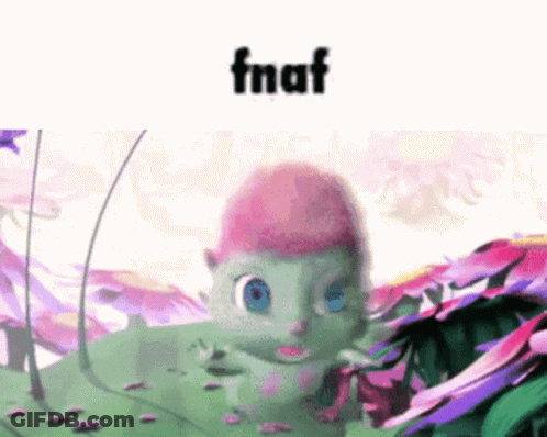A Cartoon Character With A Pink Head And Blue Eyes Is Surrounded By Flowers And Plants . GIF