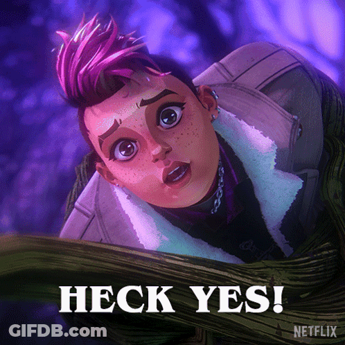 A Cartoon Character With A Pink Mohawk And The Words Heck Yes On The Bottom GIF