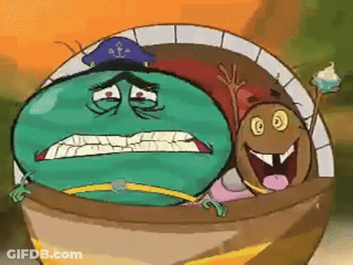 A Cartoon Character With A Pirate Hat On Is Sitting In A Bowl GIF