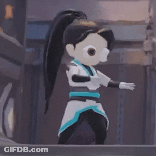 A Cartoon Character With A Ponytail And Big Eyes Is Standing On A Balcony . GIF