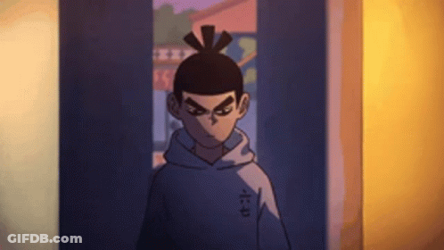 A Cartoon Character With A Ponytail Is Standing In A Doorway . GIF
