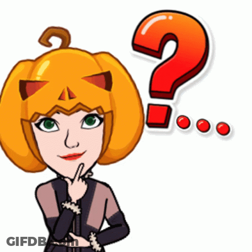 A Cartoon Character With A Pumpkin Head And A Question Mark Above Her Head GIF