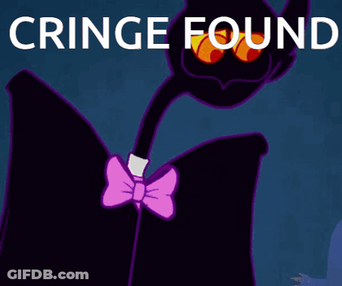 A Cartoon Character With A Purple Bow Tie And The Words Cringe Found On The Bottom GIF