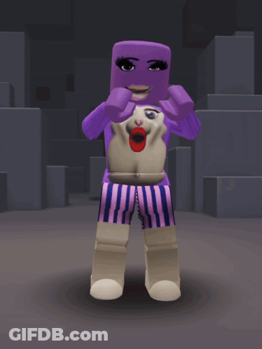 A Cartoon Character With A Purple Face And Striped Pants GIF