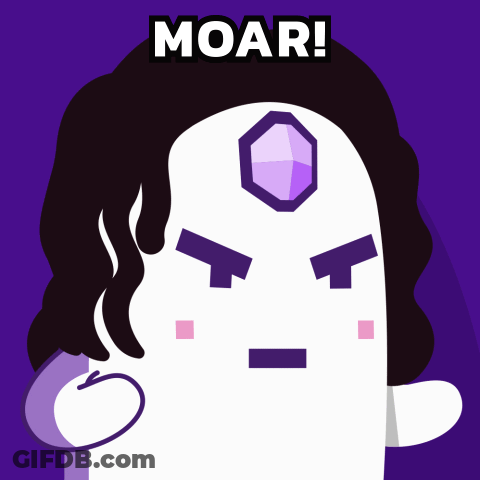 A Cartoon Character With A Purple Face And The Word Moar On Top Of It GIF